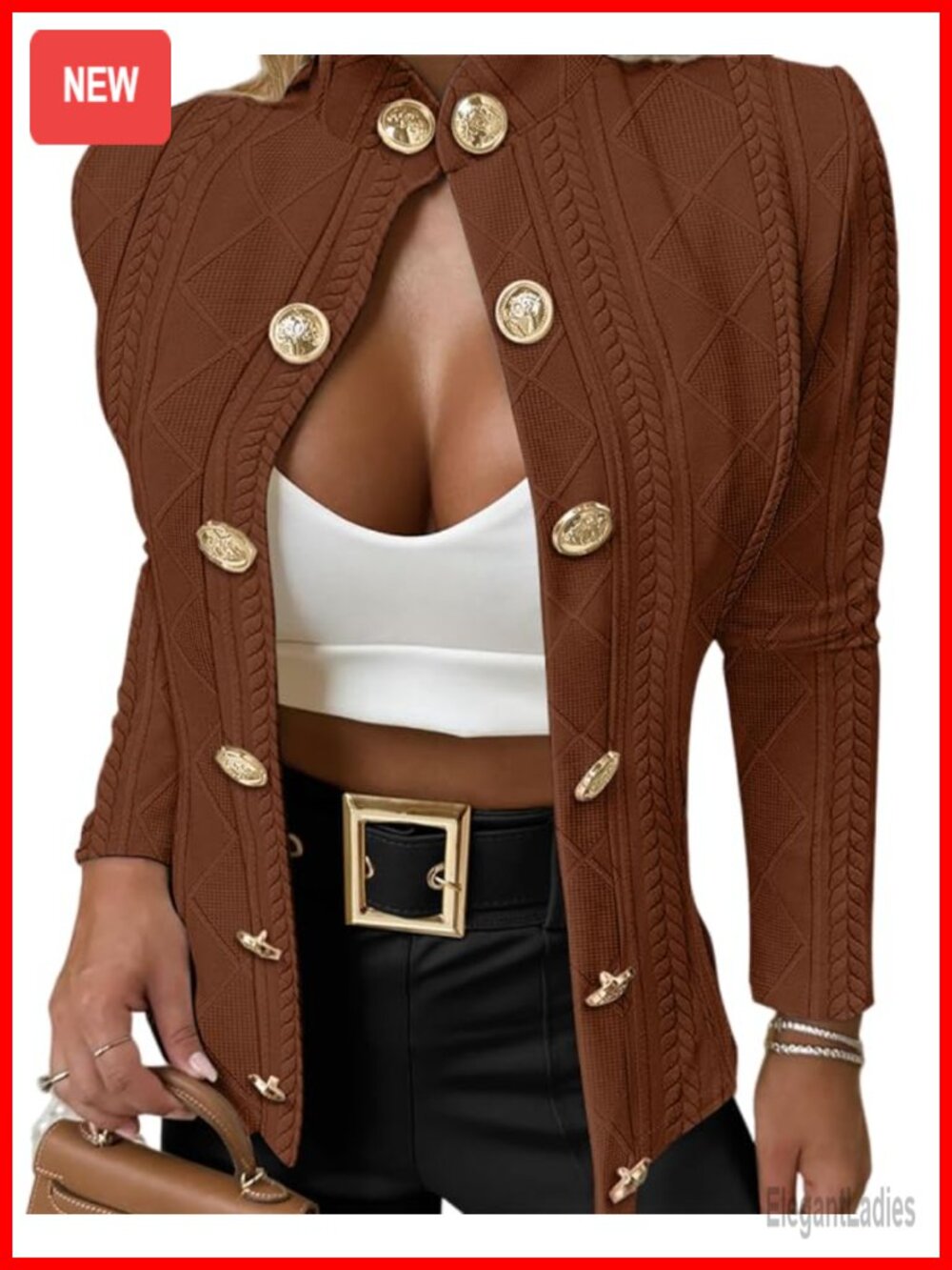 CHICME Argyle Cable Knit Cropped Jacket Stand Collar Button Up Coat
